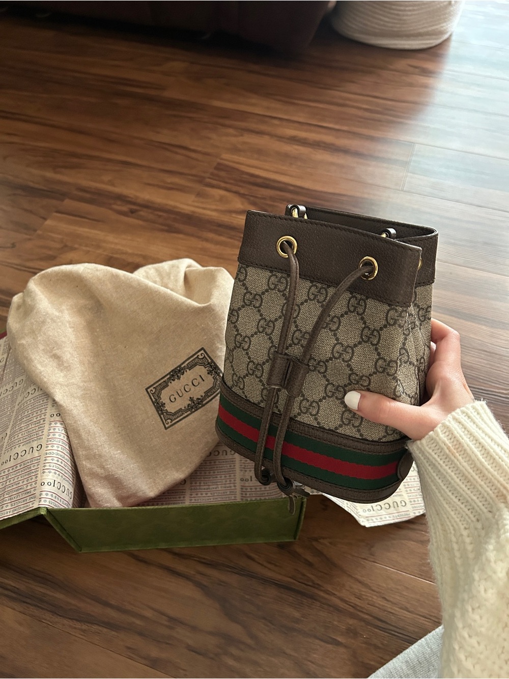 Gucci GG Supreme Mini Bucket Bag in Brown with Green-Red Web